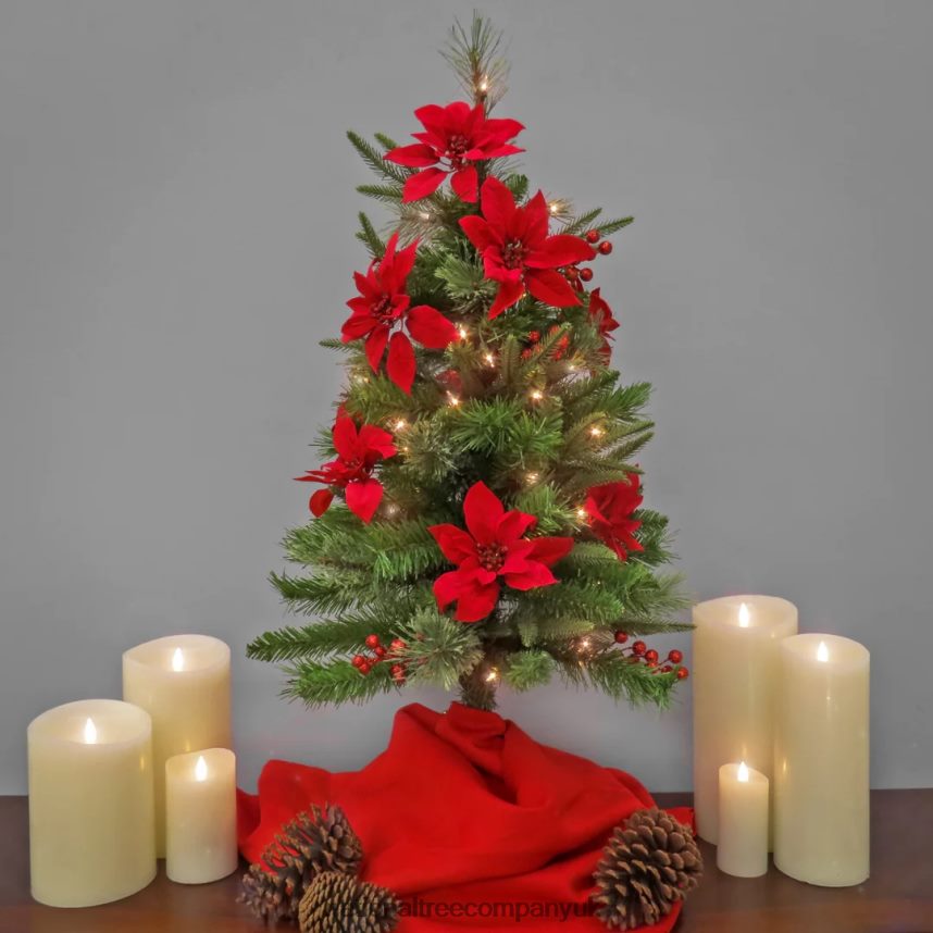Trees | National Tree Company Artificial Colonial Pencil Slim Hinged Christmas Tree with Berries and Poinsettia Flowers Pre-Lit with Clear Incandescent Lights Plug In 3 ft F2L4F198